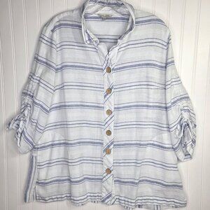 John Mark Shirt Women Large White Blue Stripe Tunic Boho Relaxed Coastal Pockets